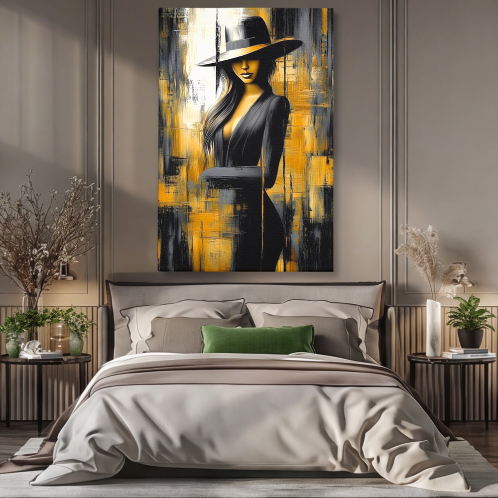Tablou canvas cu tablou canvas cu silueta feminina si palarie, fara rama, pe sasiu de lemn, pe perete intr-un dormitor